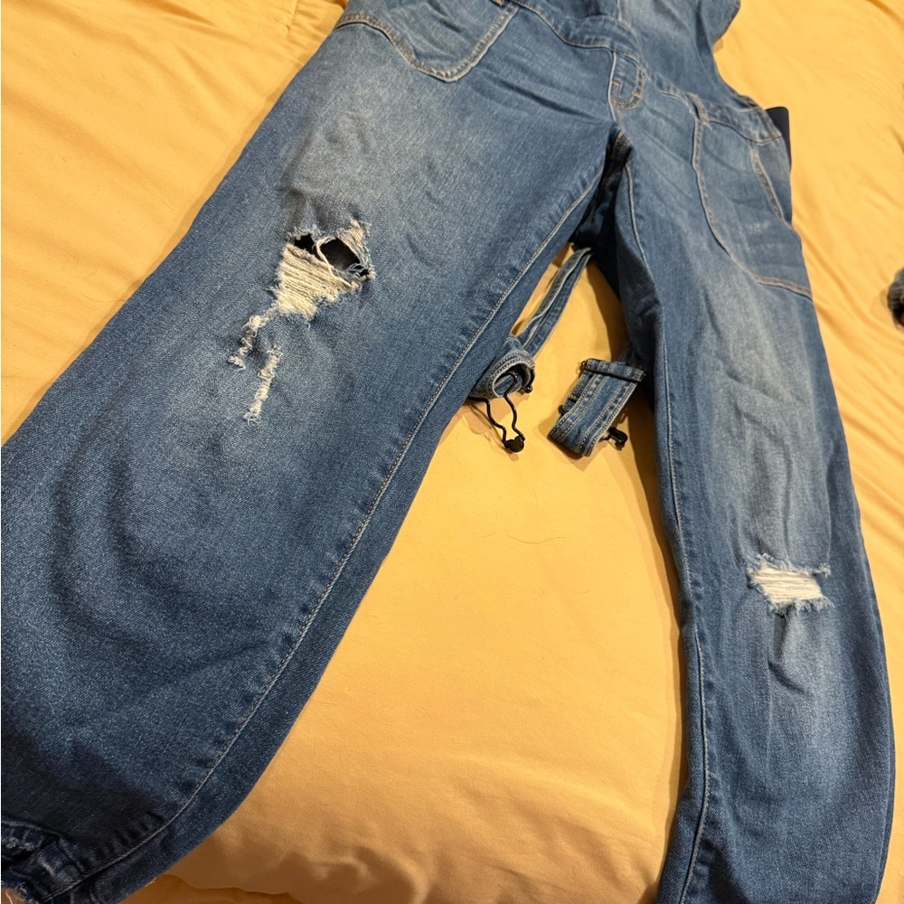 Maternity Overalls:  Blue Women's Distressed Denim Overalls ; jeans